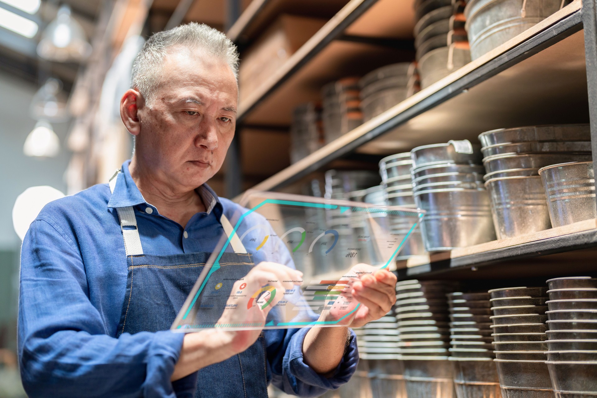 Analyze customer feedback to maintain customer base and develop new products. Senior warehouse manager using digital glass tablet and looking at glass plate to see the market trend and new innovation for development new product in the warehouse.